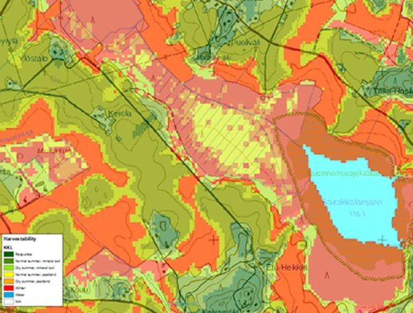 Map layer showing different forest trafficability classes in a Finnish forest