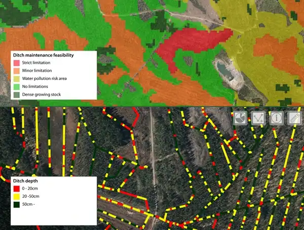 Screenshot of ditch maintenance map layers from Finland